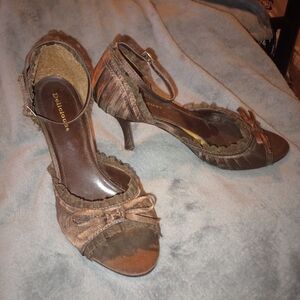 Dollhouse Brown Suede Bow Ankle-Strap Peep-Toe Heels